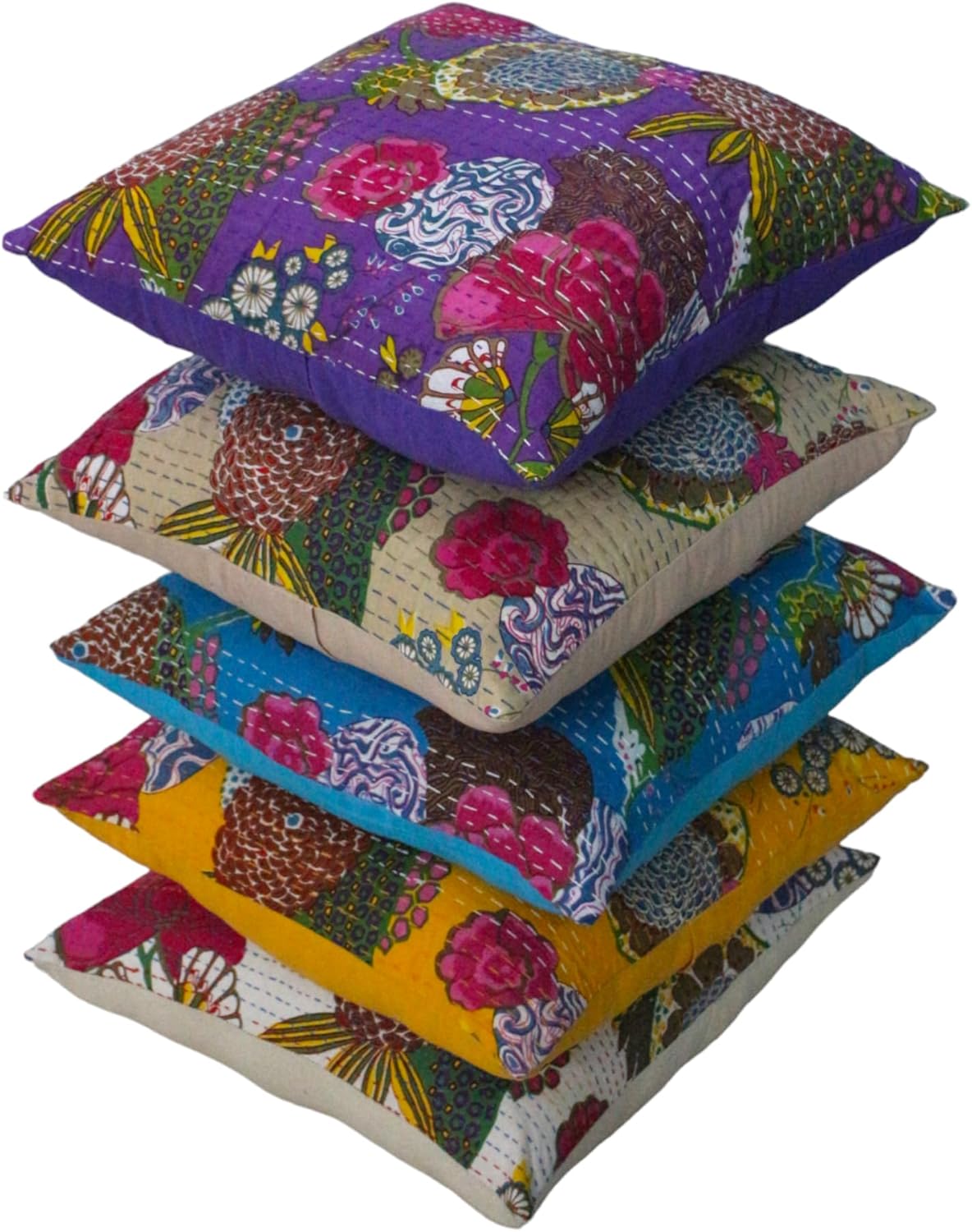 Set Of 5 Boho Throw Pillow Covers - Silk Decorative Cushions For Sofa, Couch, And Bed – Bohemian, Indian & Moroccan Inspired Home DéCor For Living Room (Silk Patch Cushion Cover, 18X18 Inches)