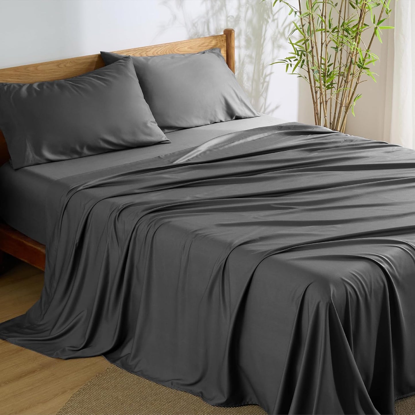 Bedsure Queen Sheet Set, Cooling Sheets for Queen Size Bed Set, Rayon Derived from Bamboo, Breathable & Soft, Deep Pocket Up to 16", Hotel Luxury Silky Bedding for Hot Sleepers, Dark Grey