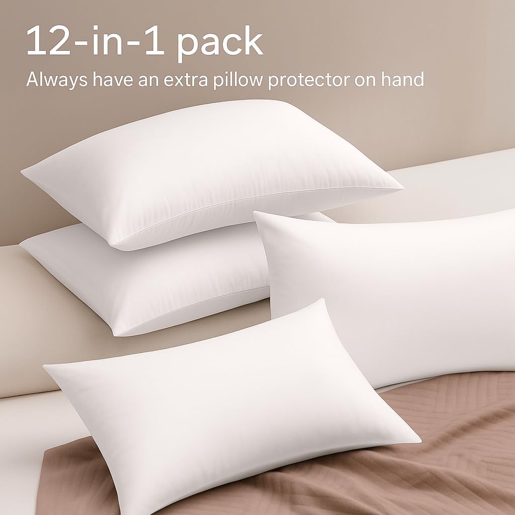 Ultra Soft Pillow Protectors with Zipper Standard Size - Set of 12 Breathable Pillow Covers - 100% Protection Against Stains, Dust & Dirt - Machine Washable (White)