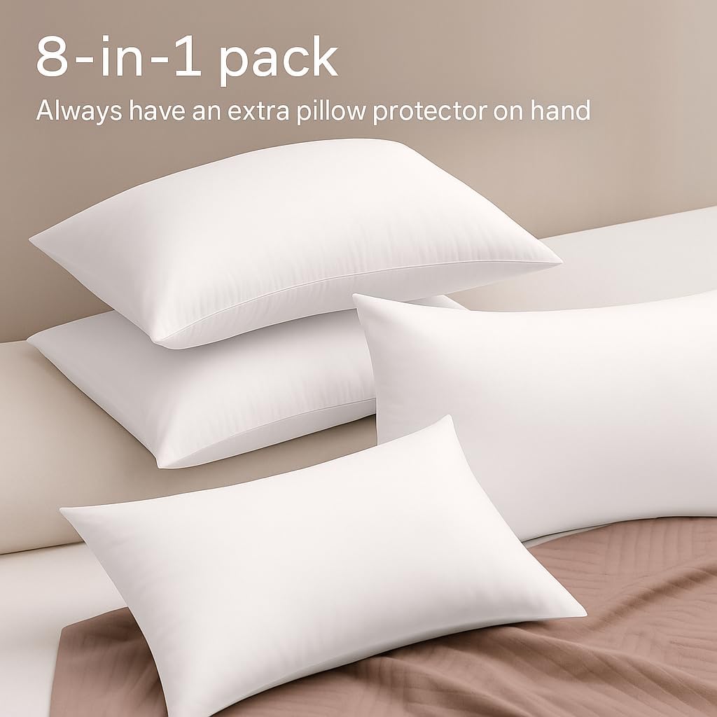 Ultra Soft Pillow Protectors with Zipper Queen Size - Set of 8 Breathable Pillow Covers - 100% Protection Against Stains, Dust & Dirt - Machine Washable (White)