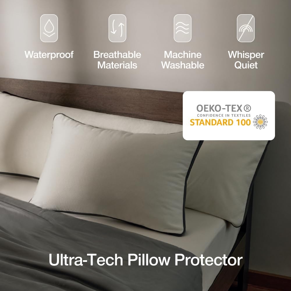 Coop Home Goods Ultra-Tech Pillow Protector for Memory Foam Pillows, Waterproof, Pack of 2 Queen Size Pillow Covers, Oeko-Tex Certified, Breathable, Zippered Covers, Machine Washable