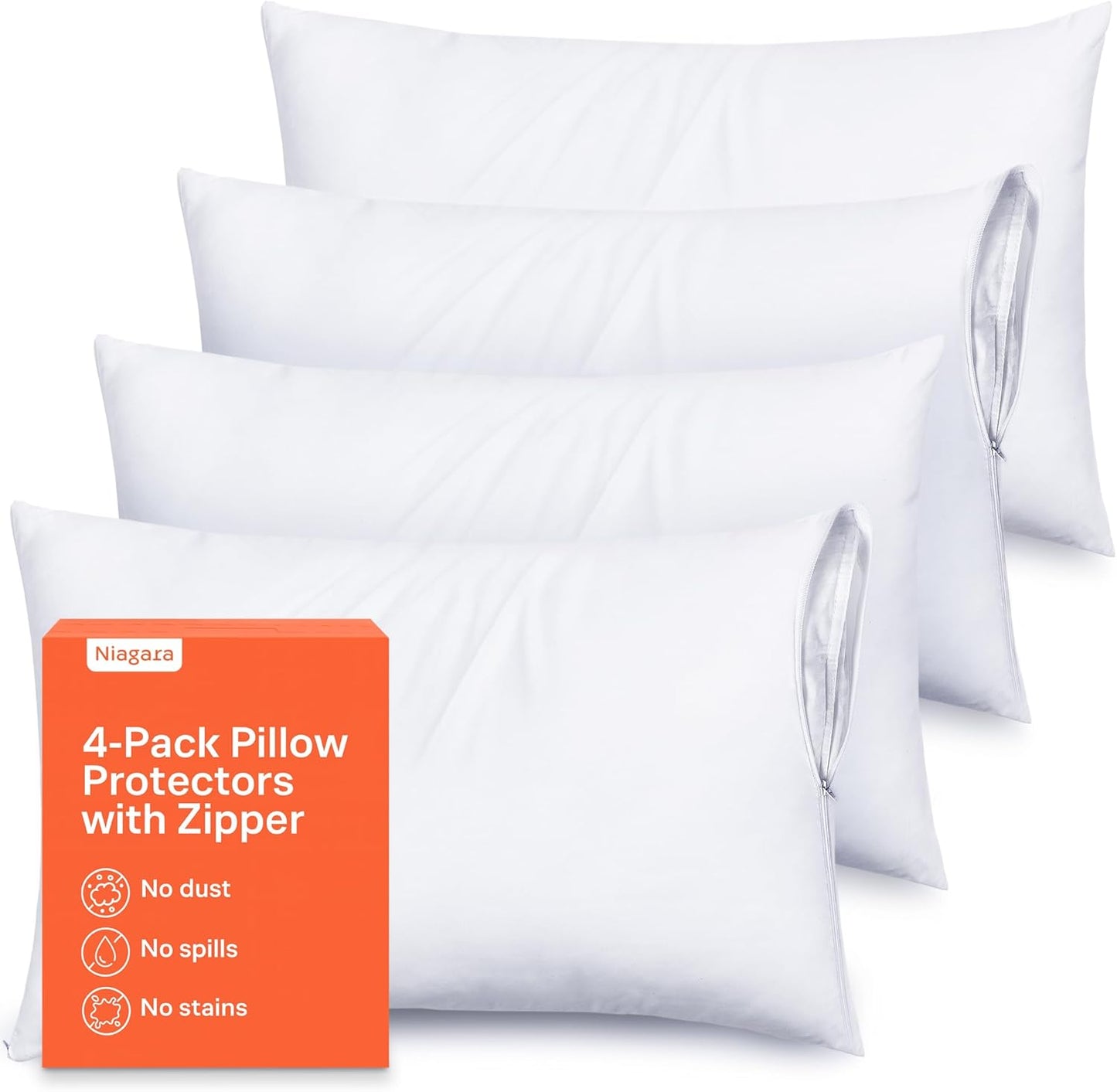Ultra Soft Pillow Protectors with Zipper Standard Size - Set of 12 Breathable Pillow Covers - 100% Protection Against Stains, Dust & Dirt - Machine Washable (White)