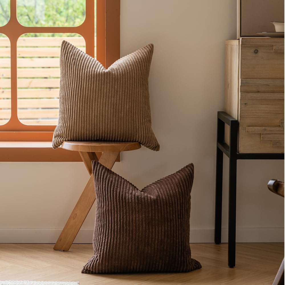 LANANAS Neutral Couch Throw Pillow Covers 20x20 Inch Set of 4 Decorative Farmhouse Boho Throw Pillows for Living Room, Couch, Bed, Sofa Soft Corduroy Accent Home Decor (Neutral Brown, 20x20 Inch)