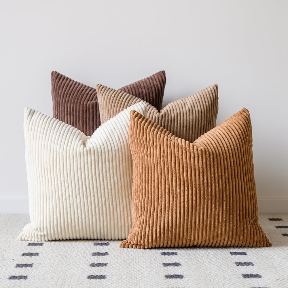 LANANAS Neutral Couch Throw Pillow Covers 20x20 Inch Set of 4 Decorative Farmhouse Boho Throw Pillows for Living Room, Couch, Bed, Sofa Soft Corduroy Accent Home Decor (Neutral Brown, 20x20 Inch)