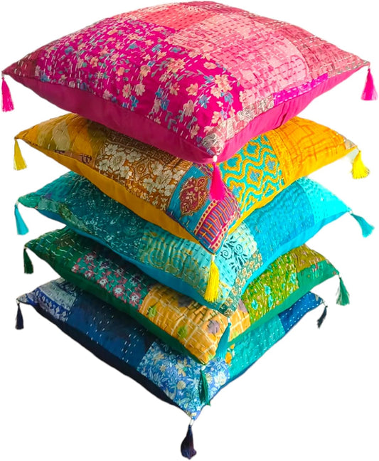 Set Of 5 Boho Throw Pillow Covers - Silk Decorative Cushions For Sofa, Couch, And Bed – Bohemian, Indian & Moroccan Inspired Home DéCor For Living Room (Silk Patch Cushion Cover, 18X18 Inches)