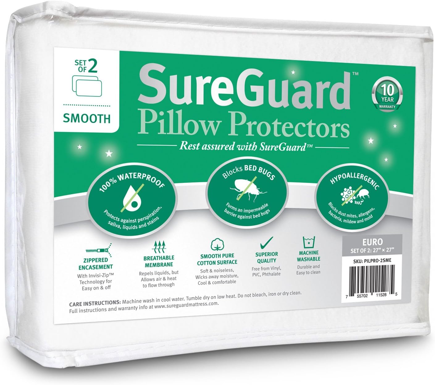 Set of 2 Standard Size SureGuard Pillow Protectors - 100% Waterproof, Bed Bug Proof, Hypoallergenic - Premium Zippered Cotton Covers - Smooth