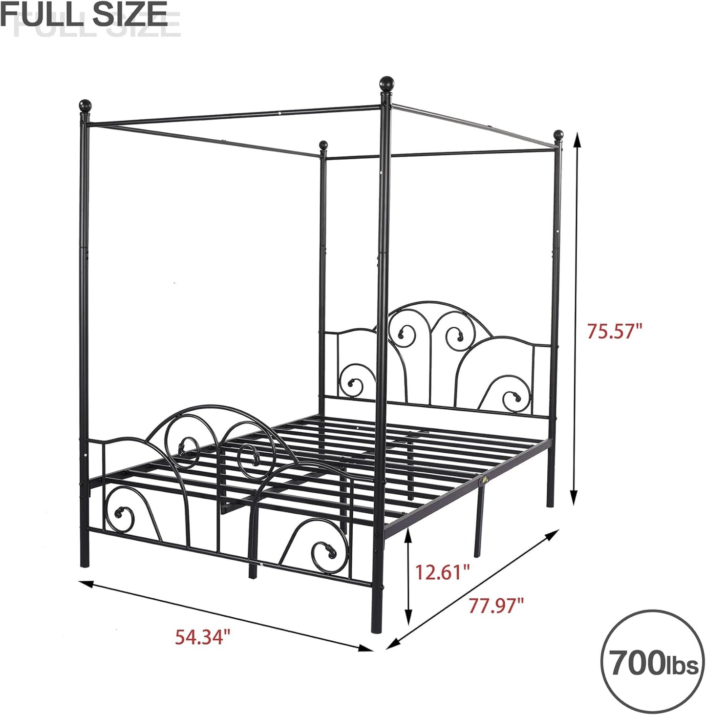 Full Size Four-Poster Metal Canopy Bed Frame with Headboard and Footboard Sturdy Slatted Structure No Box Spring Needed Black