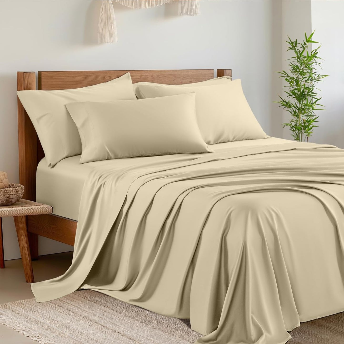 Shilucheng 4 Piece King Sheet Sets, Cooling Sheets, Blend Rayon Derived from Bamboo, Deep Pocket Up to 16", Breathable & Soft Bed Sheets, Hotel Silky Bedding Set, Taupe