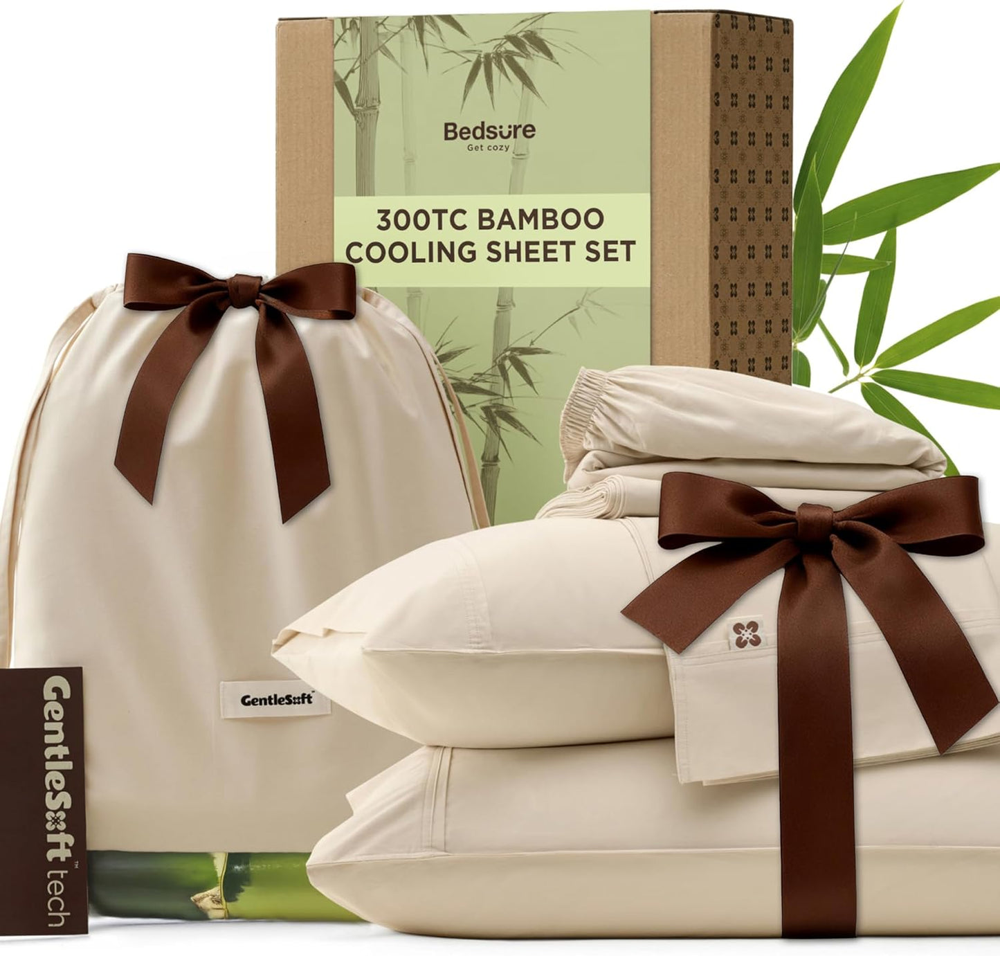 Bedsure Cooling Sheets, Rayon Derived from Bamboo & Cotton Blend, GentleSoft, Breathable, Queen Sheet Set, Deep Pocket Up to 18 Inches, Hotel Luxury Bedding for Hot Sleepers, Tea Green