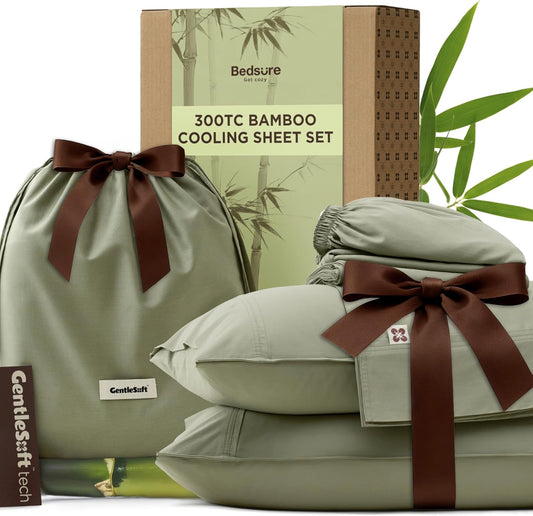 Bedsure Cooling Sheets, Rayon Derived from Bamboo & Cotton Blend, GentleSoft, Breathable, Queen Sheet Set, Deep Pocket Up to 18 Inches, Hotel Luxury Bedding for Hot Sleepers, Tea Green