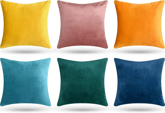 Pack of 6 Decorative Velvet Throw Pillow Covers Solid Square Soft Pillowcase Set Cushion Cases for Sofa Couch Bed Car Christmas Fall Home Decor 18 x 18 inch(Mixed Color)