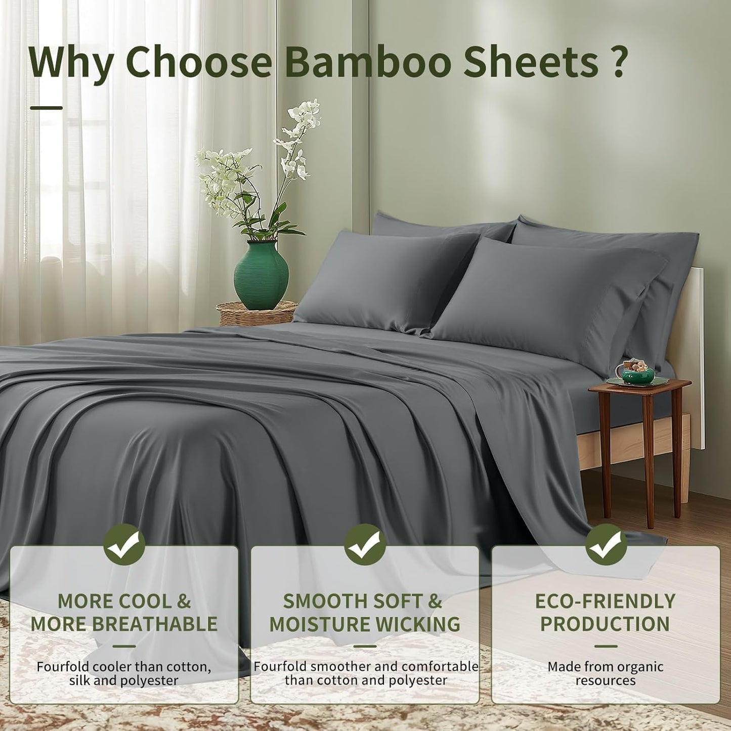Shilucheng 6 Piece King Sheet Sets, Cooling Sheets, Blend Rayon Derived from Bamboo, Deep Pocket Up to 16", Breathable & Soft Bed Sheets, Hotel Silky Bedding Set, Dark Grey