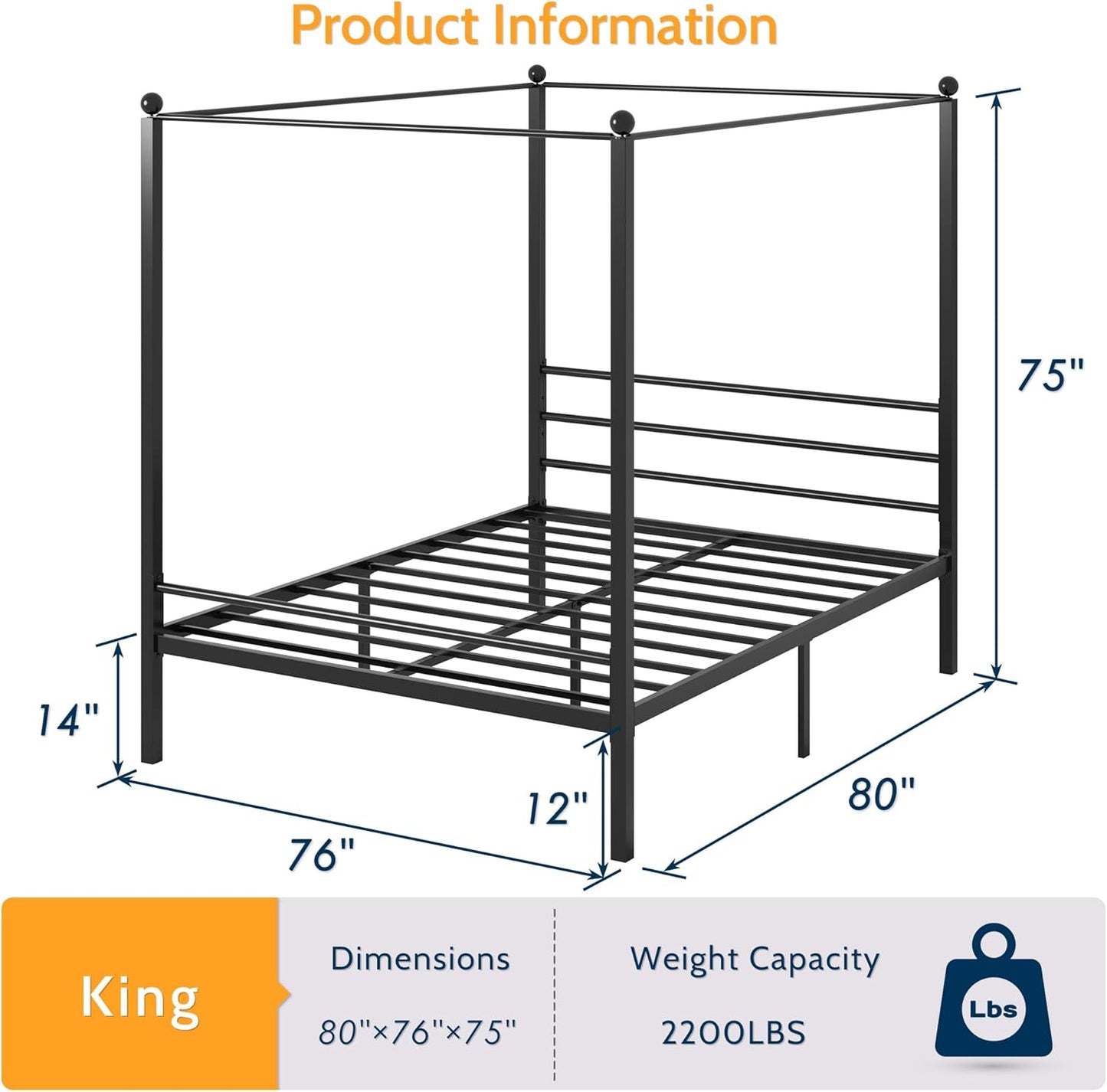 King Size Canopy Bed Frame, Four Poster Metal Canopy King Size Bed Frame, Heavy Duty Mattress Foundation with Underbed Storage, No Box Spring Needed, Easy Assembly, Black