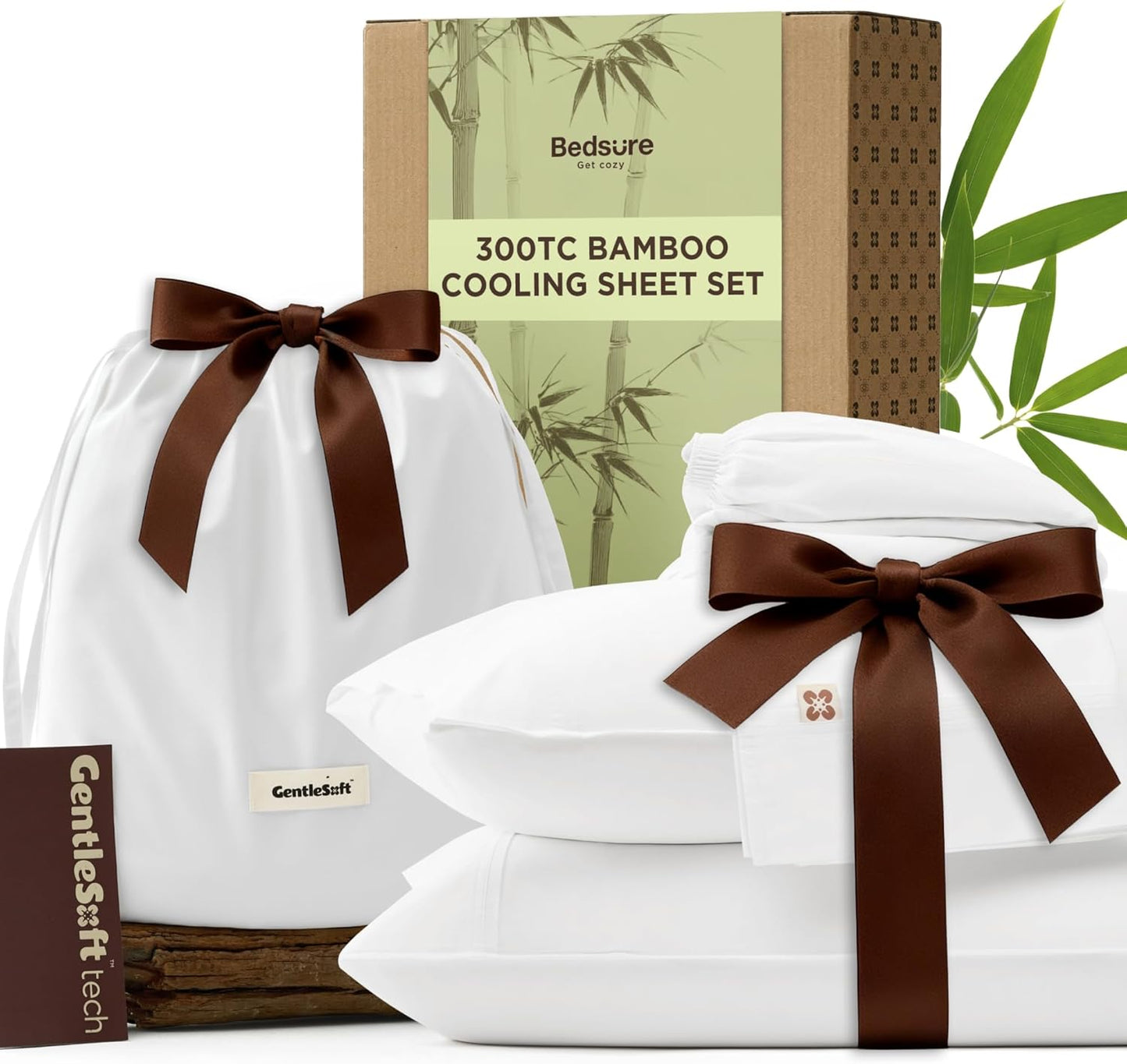 Bedsure Cooling Sheets, Rayon Derived from Bamboo & Cotton Blend, GentleSoft, Breathable, Queen Sheet Set, Deep Pocket Up to 18 Inches, Hotel Luxury Bedding for Hot Sleepers, Tea Green