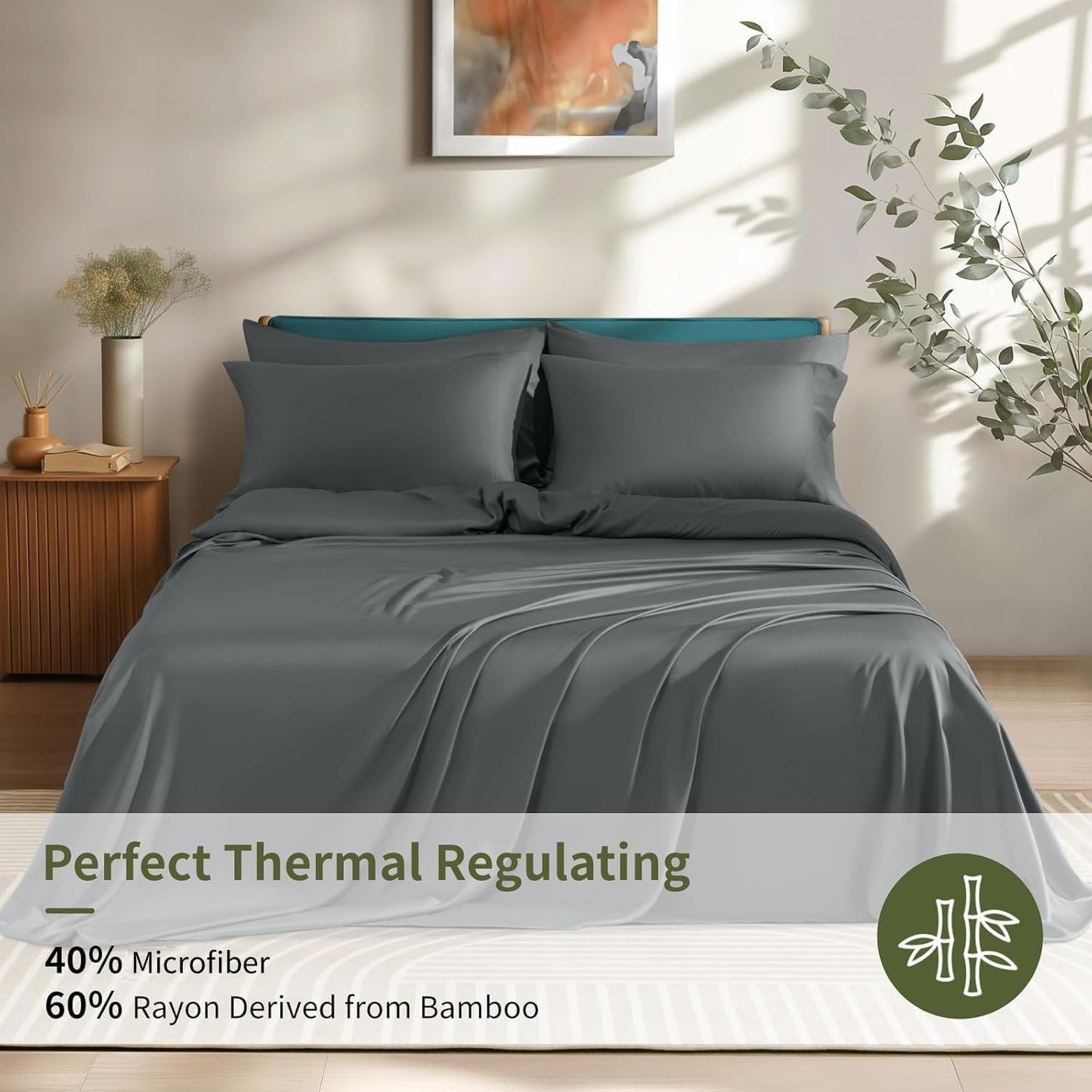 Shilucheng 6 Piece King Sheet Sets, Cooling Sheets, Blend Rayon Derived from Bamboo, Deep Pocket Up to 16", Breathable & Soft Bed Sheets, Hotel Silky Bedding Set, Dark Grey