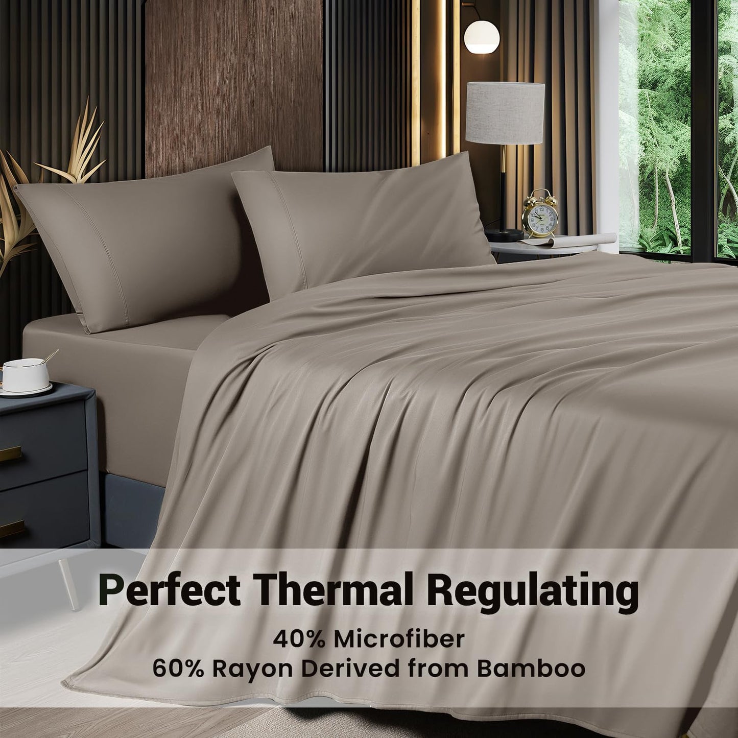 Shilucheng 4 Piece King Sheet Sets, Cooling Sheets, Blend Rayon Derived from Bamboo, Deep Pocket Up to 16", Breathable & Soft Bed Sheets, Hotel Silky Bedding Set, Taupe