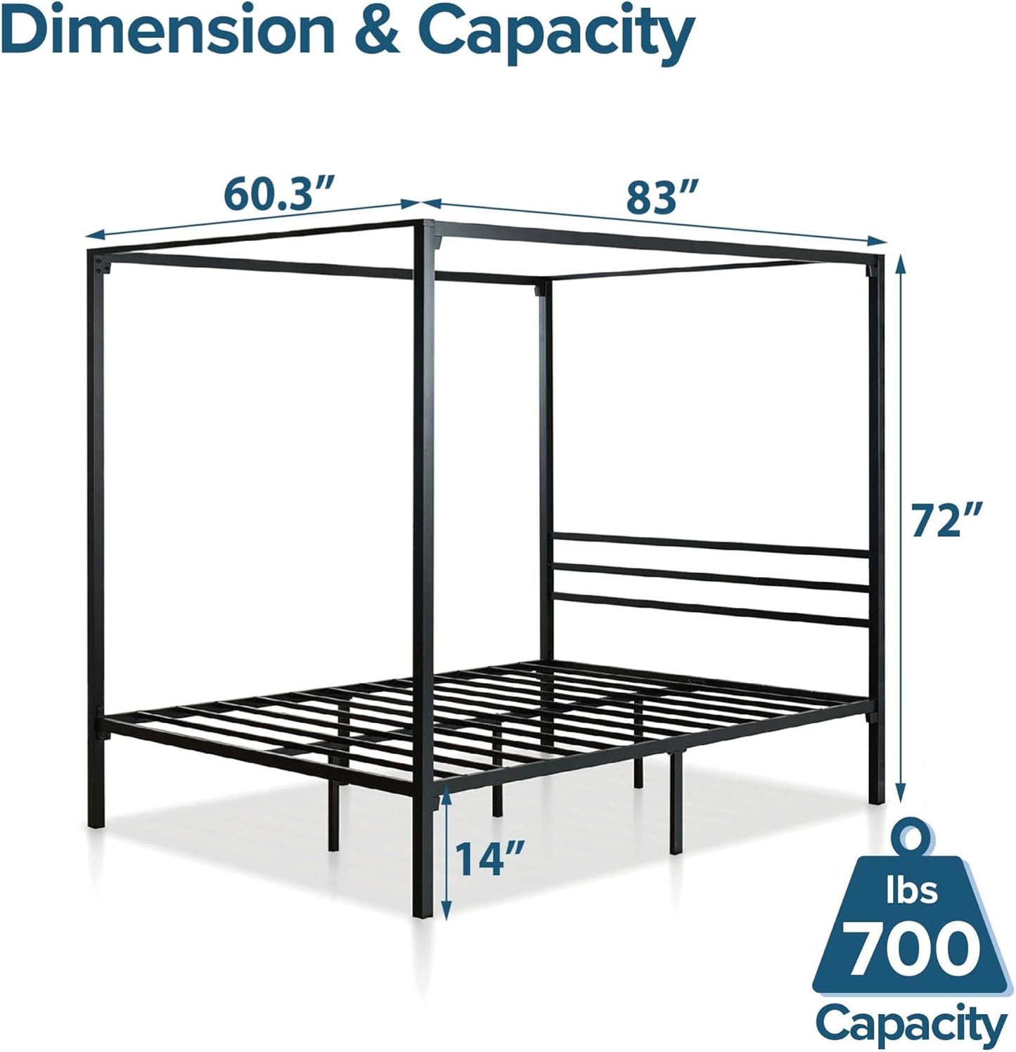 ZINUS Patricia Black Metal Canopy Platform Bed Frame, Mattress Foundation with Steel Slat Support, No Box Spring Needed, Easy Assembly, Queen