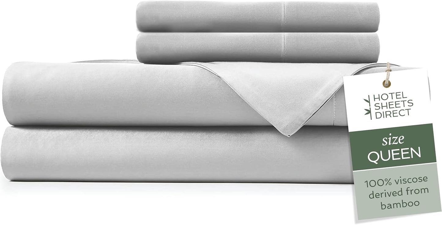 Hotel Sheets Direct 4 Piece Bed Sheet Set Queen Size, 100% Viscose Derived from Bamboo Sheets Set with 2 Pillowcases, Cooling & Breathable Luxury Bedding, Moisture-Wicking & Silky Soft, Light Gray