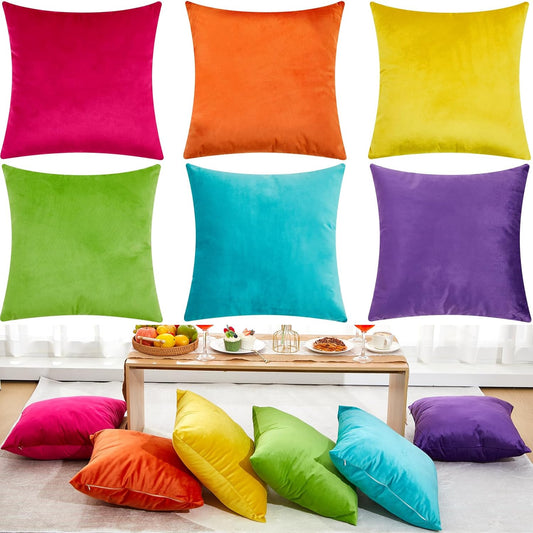 Berlune 6 Pcs Velvet Throw Pillow Covers 18 x 18 Decorative Cushion Cases Soft Pillowcase for Picnic Coquette Party Accessories Bedroom Living Room Decor, No Inserts (Colorful Color)