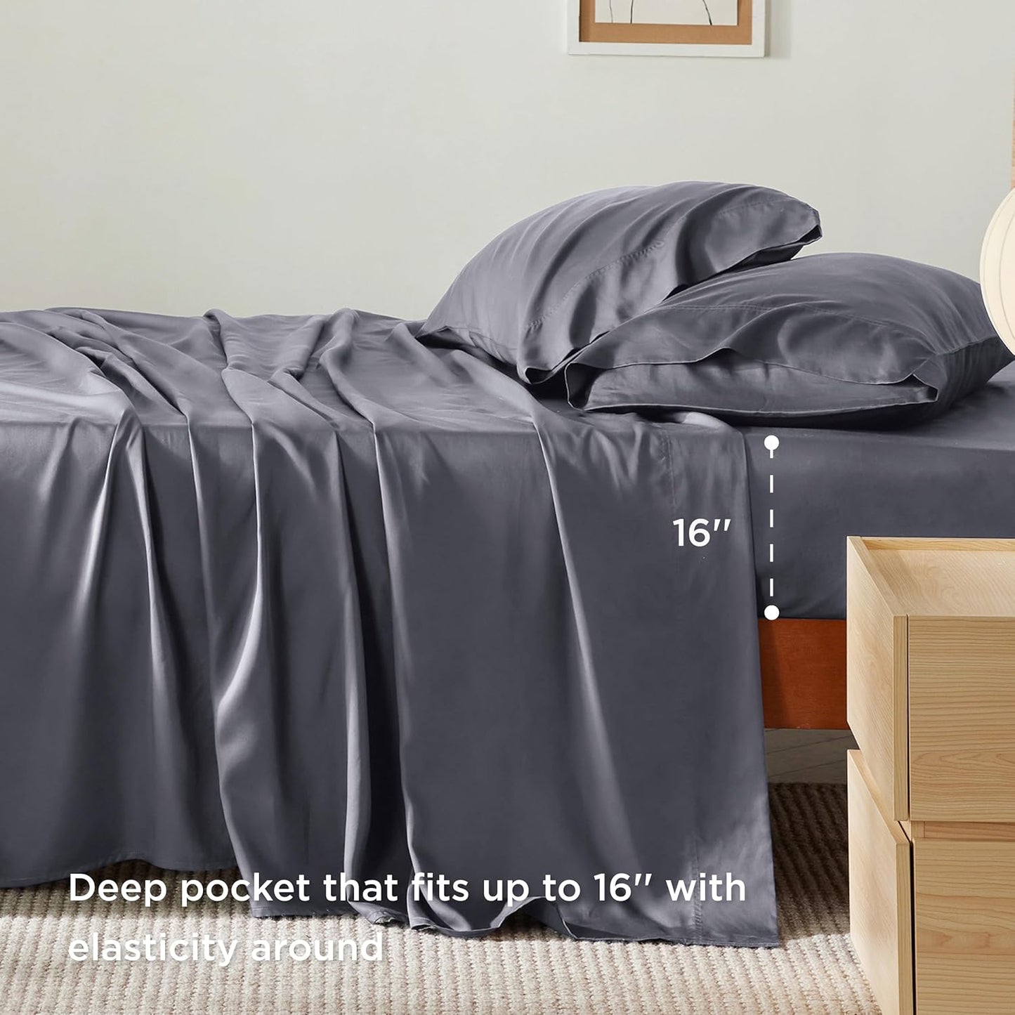 Bedsure Queen Sheet Set, Cooling Sheets for Queen Size Bed Set, Rayon Derived from Bamboo, Breathable & Soft, Deep Pocket Up to 16", Hotel Luxury Silky Bedding for Hot Sleepers, Dark Grey