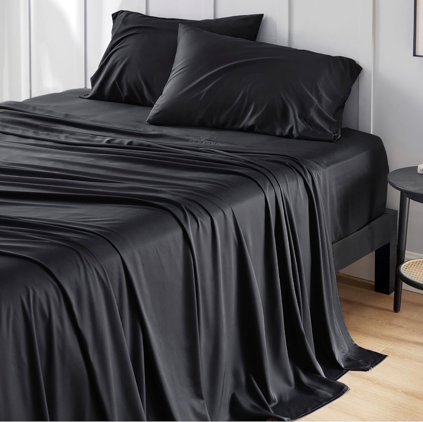 Bedsure Queen Sheet Set, Cooling Sheets for Queen Size Bed Set, Rayon Derived from Bamboo, Breathable & Soft, Deep Pocket Up to 16", Hotel Luxury Silky Bedding for Hot Sleepers, Dark Grey