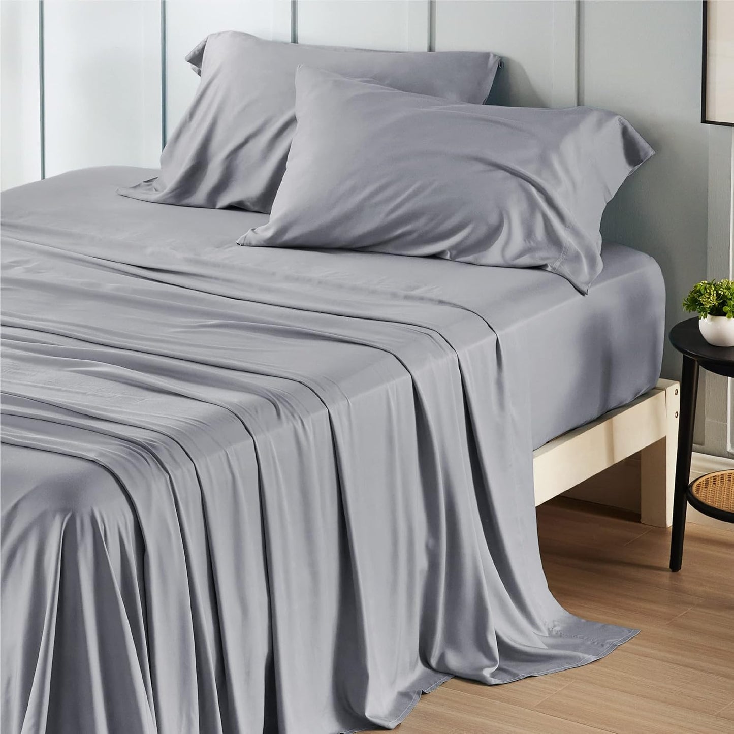 Bedsure Queen Sheet Set, Cooling Sheets for Queen Size Bed Set, Rayon Derived from Bamboo, Breathable & Soft, Deep Pocket Up to 16", Hotel Luxury Silky Bedding for Hot Sleepers, Dark Grey