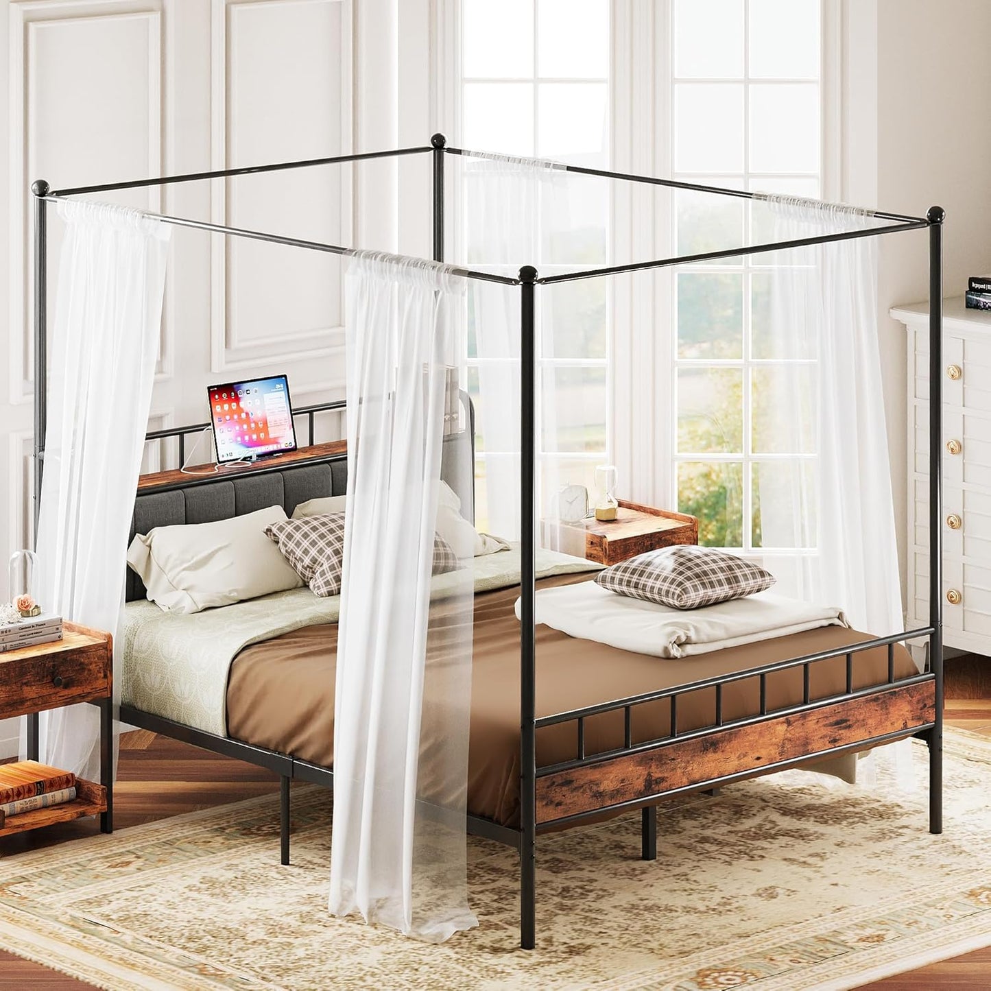 LIKIMIO Canopy Bed Frame Queen, Storage Headboard with Charging Station, Platform Bed with 4 Removable Sturdy Posts, Noise Free, No Box Spring Needed, Vintage Brown
