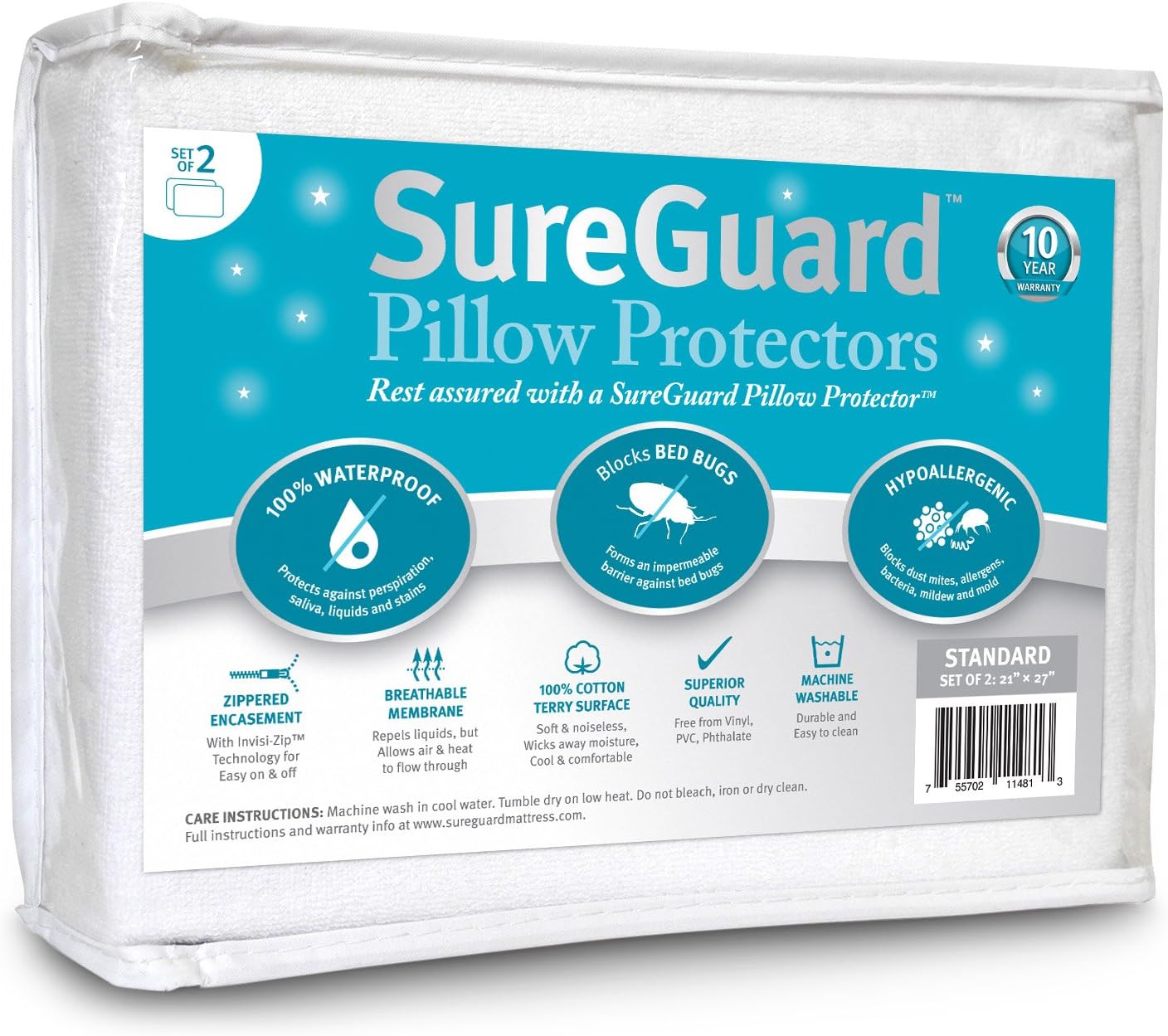 Set of 2 Standard Size SureGuard Pillow Protectors - 100% Waterproof, Bed Bug Proof, Hypoallergenic - Premium Zippered Cotton Covers - Smooth