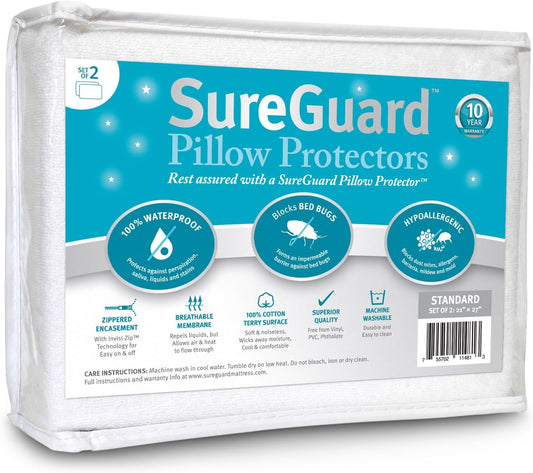 Set of 2 Standard Size SureGuard Pillow Protectors - 100% Waterproof, Bed Bug Proof, Hypoallergenic - Premium Zippered Cotton Terry Covers