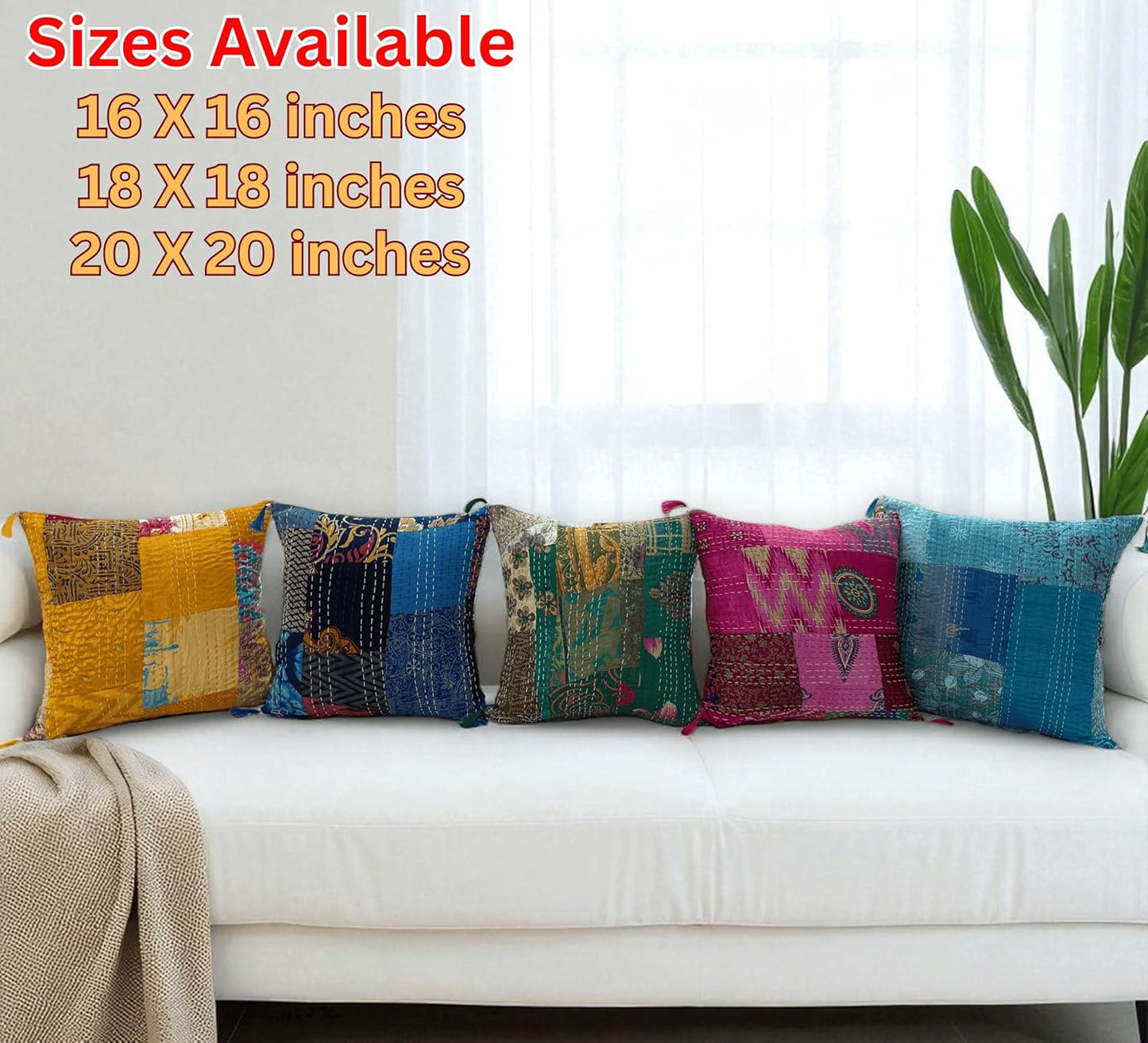 Set Of 5 Boho Throw Pillow Covers - Silk Decorative Cushions For Sofa, Couch, And Bed – Bohemian, Indian & Moroccan Inspired Home DéCor For Living Room (Silk Patch Cushion Cover, 18X18 Inches)
