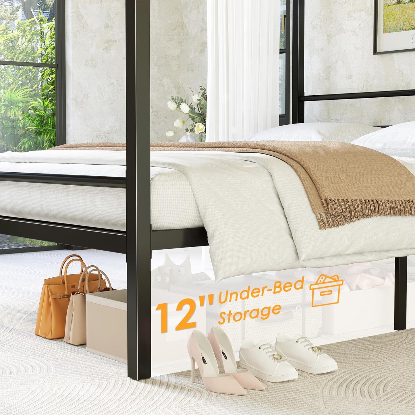 King Size Canopy Bed Frame, Four Poster Metal Canopy King Size Bed Frame, Heavy Duty Mattress Foundation with Underbed Storage, No Box Spring Needed, Easy Assembly, Black