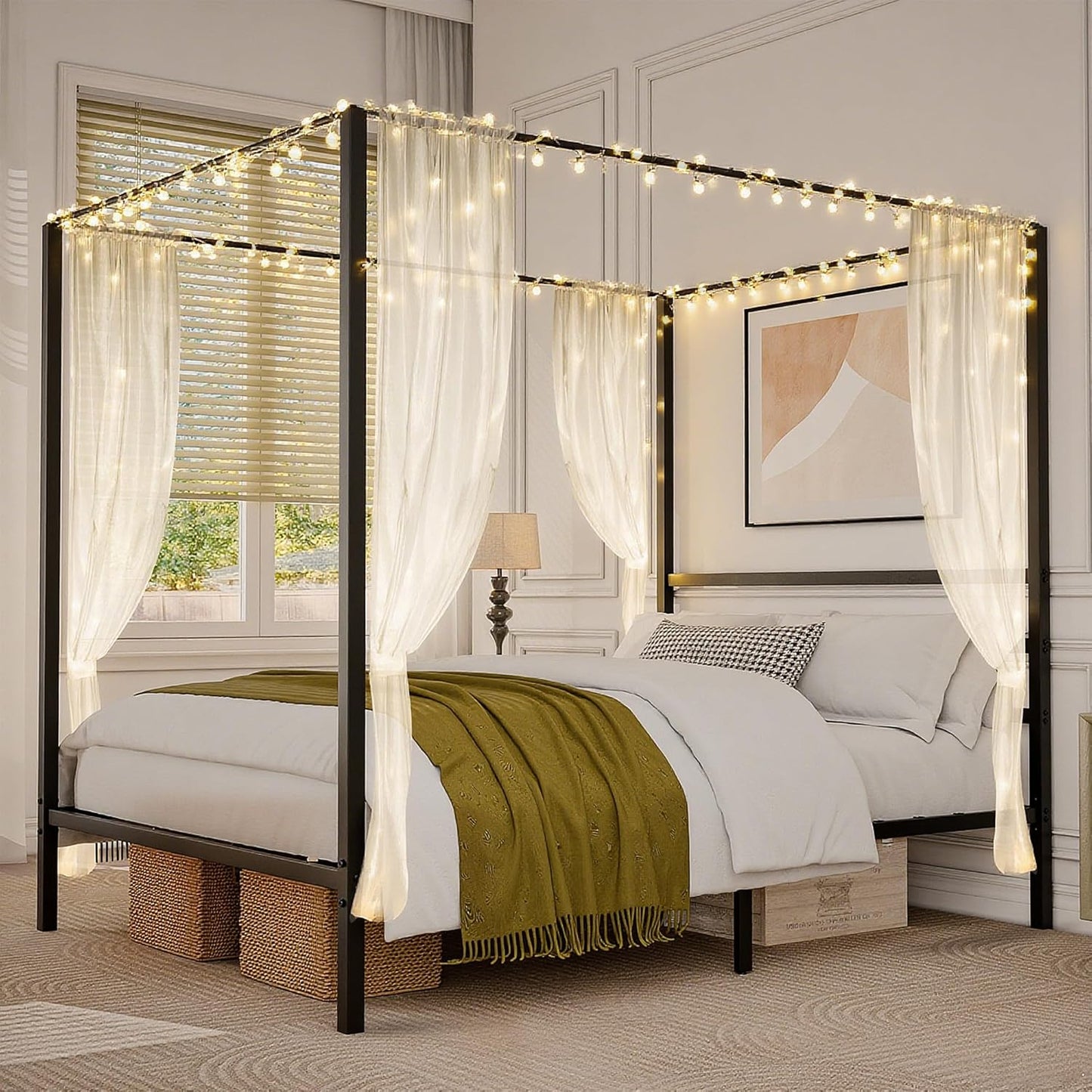 SUPER DEAL Queen Size Canopy Bed Frame, Metal Bedframe with Built-in Headboard Four Poster 14 Inch Platform Mattress Foundation Sturdy Slatted Structure No Box Spring Needed Easy Assembly, Black