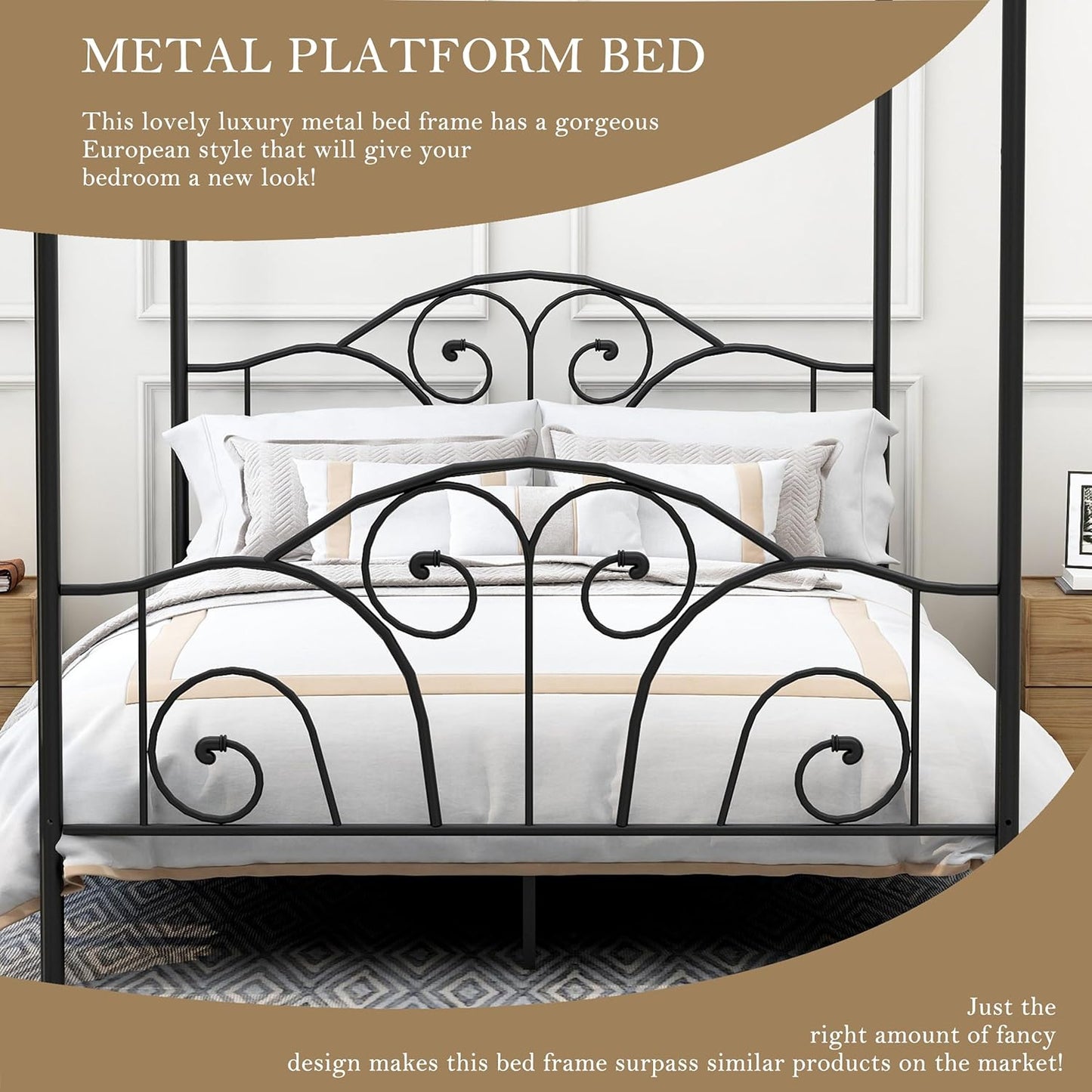 Full Size Four-Poster Metal Canopy Bed Frame with Headboard and Footboard Sturdy Slatted Structure No Box Spring Needed Black