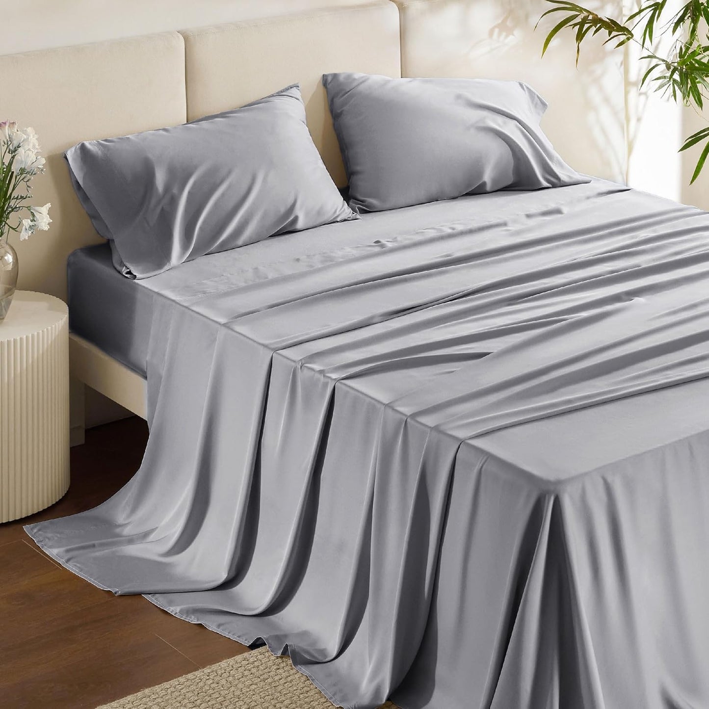 Bedsure Queen Sheet Set, Cooling Sheets for Queen Size Bed Set, Rayon Derived from Bamboo, Breathable & Soft, Deep Pocket Up to 16", Hotel Luxury Silky Bedding for Hot Sleepers, Dark Grey