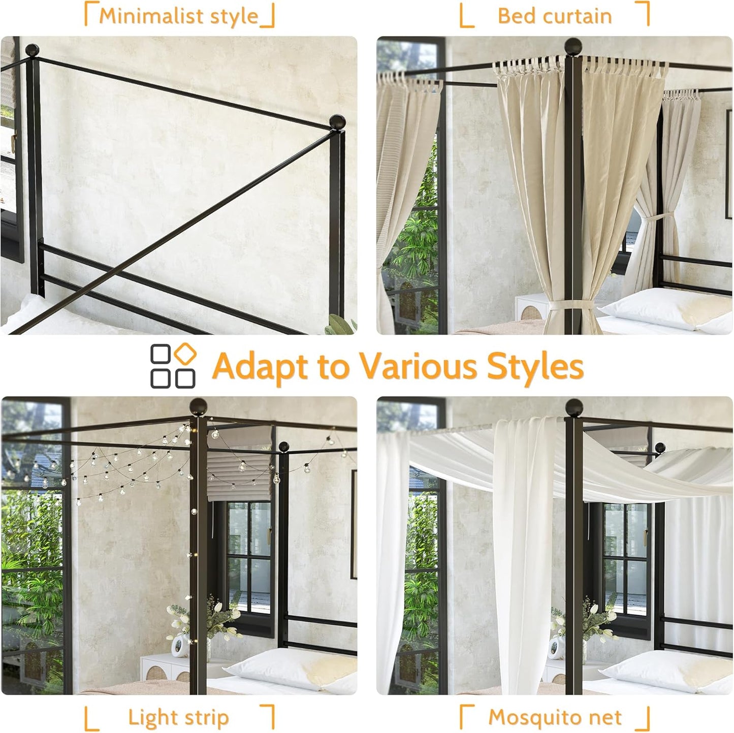 King Size Canopy Bed Frame, Four Poster Metal Canopy King Size Bed Frame, Heavy Duty Mattress Foundation with Underbed Storage, No Box Spring Needed, Easy Assembly, Black