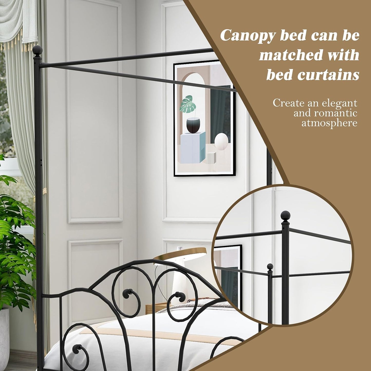 Full Size Four-Poster Metal Canopy Bed Frame with Headboard and Footboard Sturdy Slatted Structure No Box Spring Needed Black