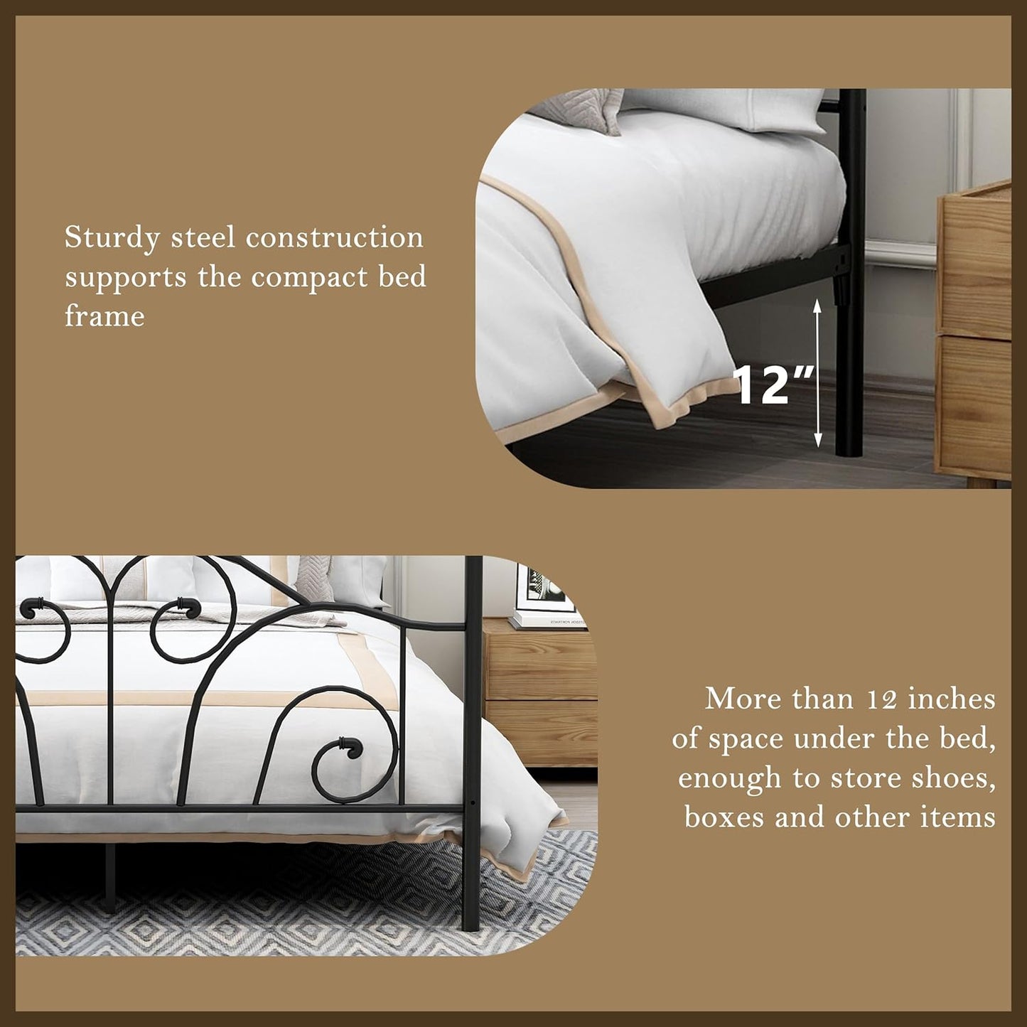 Full Size Four-Poster Metal Canopy Bed Frame with Headboard and Footboard Sturdy Slatted Structure No Box Spring Needed Black