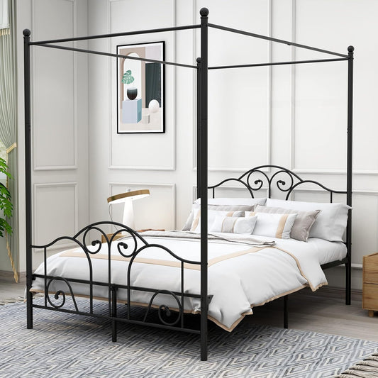 Full Size Four-Poster Metal Canopy Bed Frame with Headboard and Footboard Sturdy Slatted Structure No Box Spring Needed Black