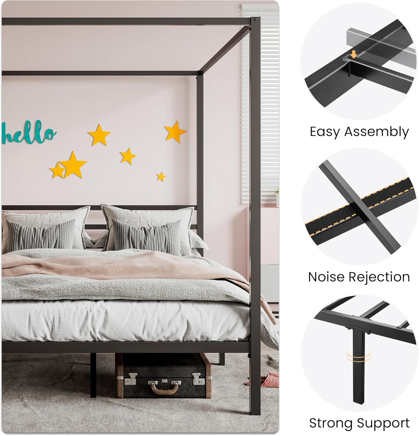 SHA CERLIN Canopy Bed Frame Full Size/Mattress Foundation with Metal Slats Support/No Box Spring Needed/Easy Assembly/Black