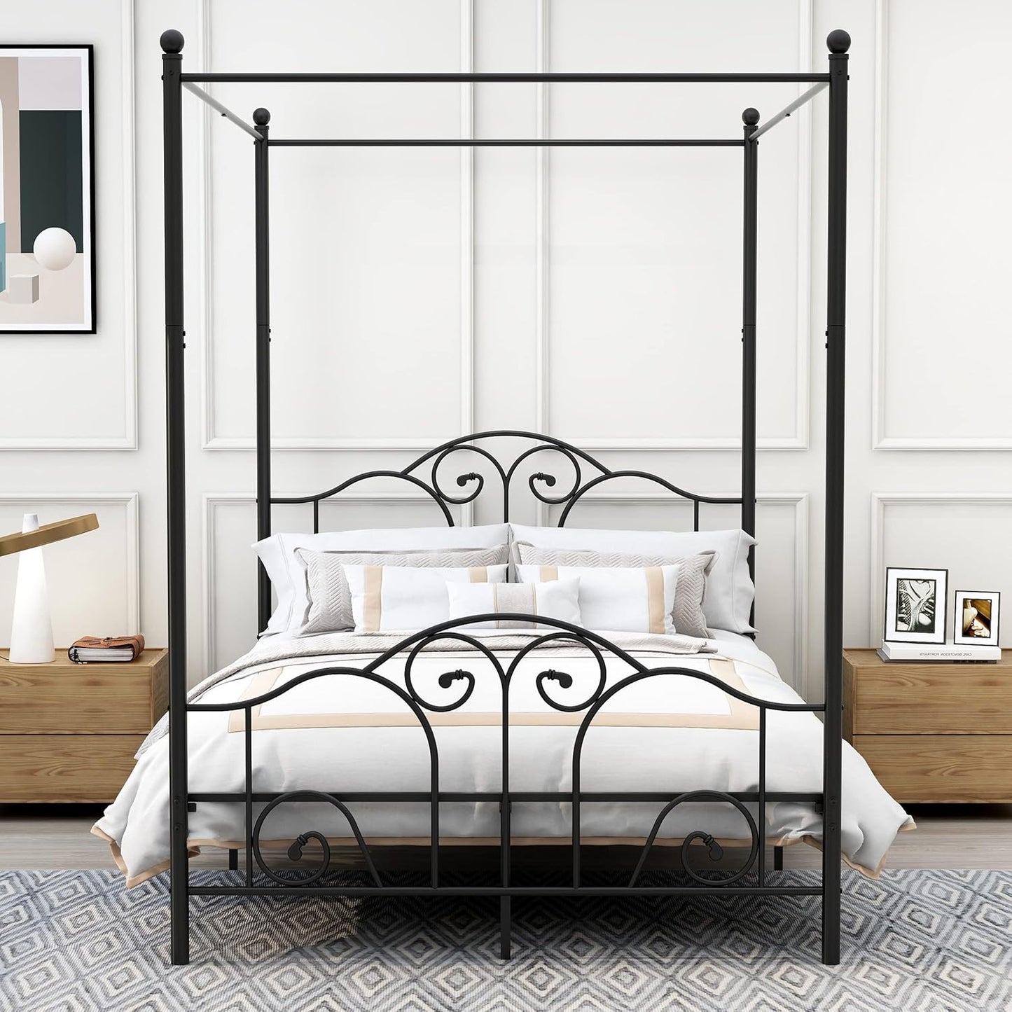 Full Size Four-Poster Metal Canopy Bed Frame with Headboard and Footboard Sturdy Slatted Structure No Box Spring Needed Black