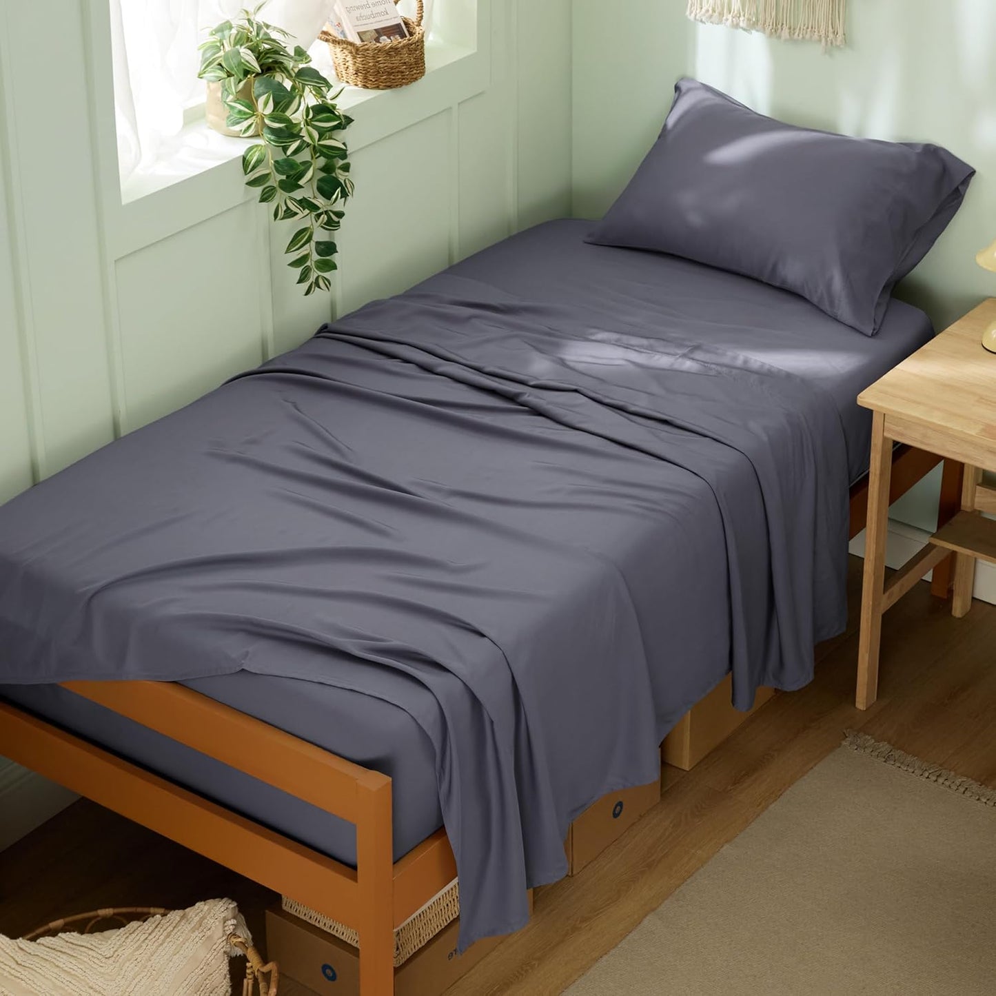 Bedsure Queen Sheet Set, Cooling Sheets for Queen Size Bed Set, Rayon Derived from Bamboo, Breathable & Soft, Deep Pocket Up to 16", Hotel Luxury Silky Bedding for Hot Sleepers, Dark Grey