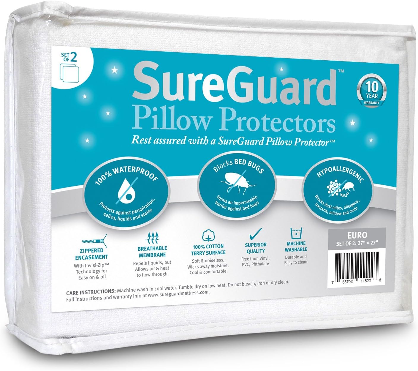 Set of 2 Standard Size SureGuard Pillow Protectors - 100% Waterproof, Bed Bug Proof, Hypoallergenic - Premium Zippered Cotton Covers - Smooth