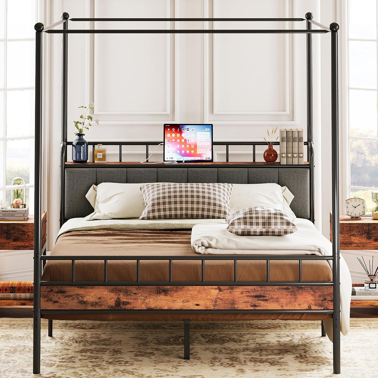 LIKIMIO Canopy Bed Frame Queen, Storage Headboard with Charging Station, Platform Bed with 4 Removable Sturdy Posts, Noise Free, No Box Spring Needed, Vintage Brown