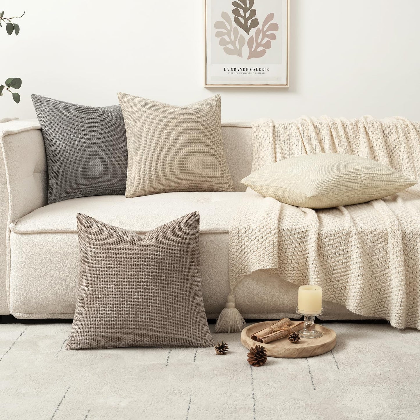 MIULEE Pack of 4 Christmas Couch Throw Pillow Covers 18x18 Inch Neutral Beige/Brown Soft Decorative Chenille Pillow Covers Farmhouse Accent Cushion Covers for Boho Home Decor Sofa Bedroom Living Room