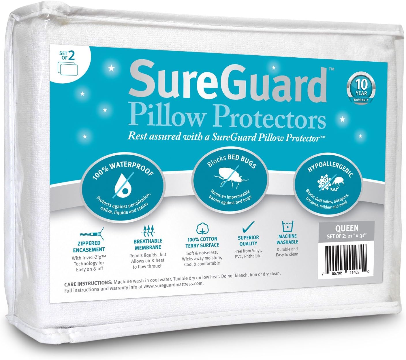 Set of 2 Standard Size SureGuard Pillow Protectors - 100% Waterproof, Bed Bug Proof, Hypoallergenic - Premium Zippered Cotton Covers - Smooth