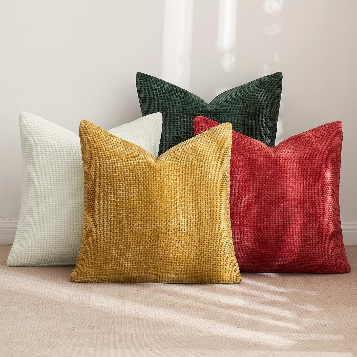 MIULEE Pack of 4 Christmas Couch Throw Pillow Covers 18x18 Inch Neutral Beige/Brown Soft Decorative Chenille Pillow Covers Farmhouse Accent Cushion Covers for Boho Home Decor Sofa Bedroom Living Room