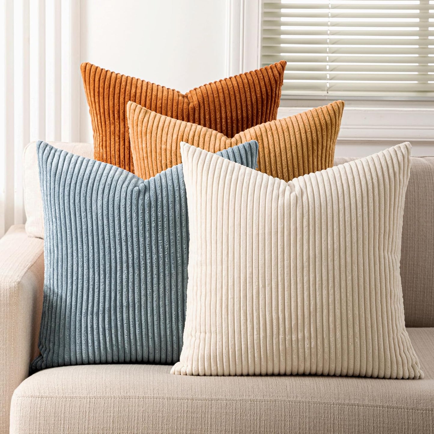 LANANAS Neutral Couch Throw Pillow Covers 20x20 Inch Set of 4 Decorative Farmhouse Boho Throw Pillows for Living Room, Couch, Bed, Sofa Soft Corduroy Accent Home Decor (Neutral Brown, 20x20 Inch)