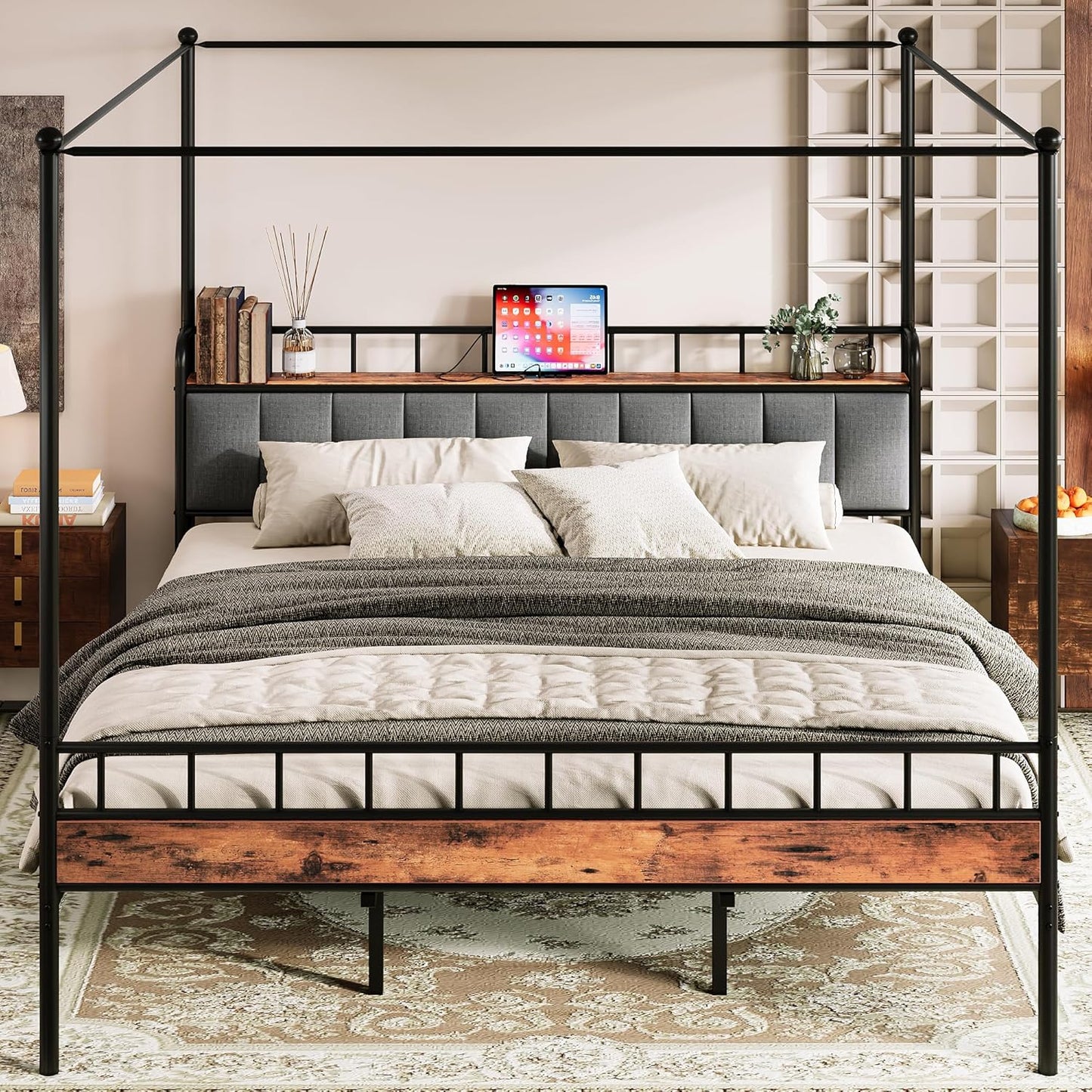 LIKIMIO Canopy Bed Frame Queen, Storage Headboard with Charging Station, Platform Bed with 4 Removable Sturdy Posts, Noise Free, No Box Spring Needed, Vintage Brown