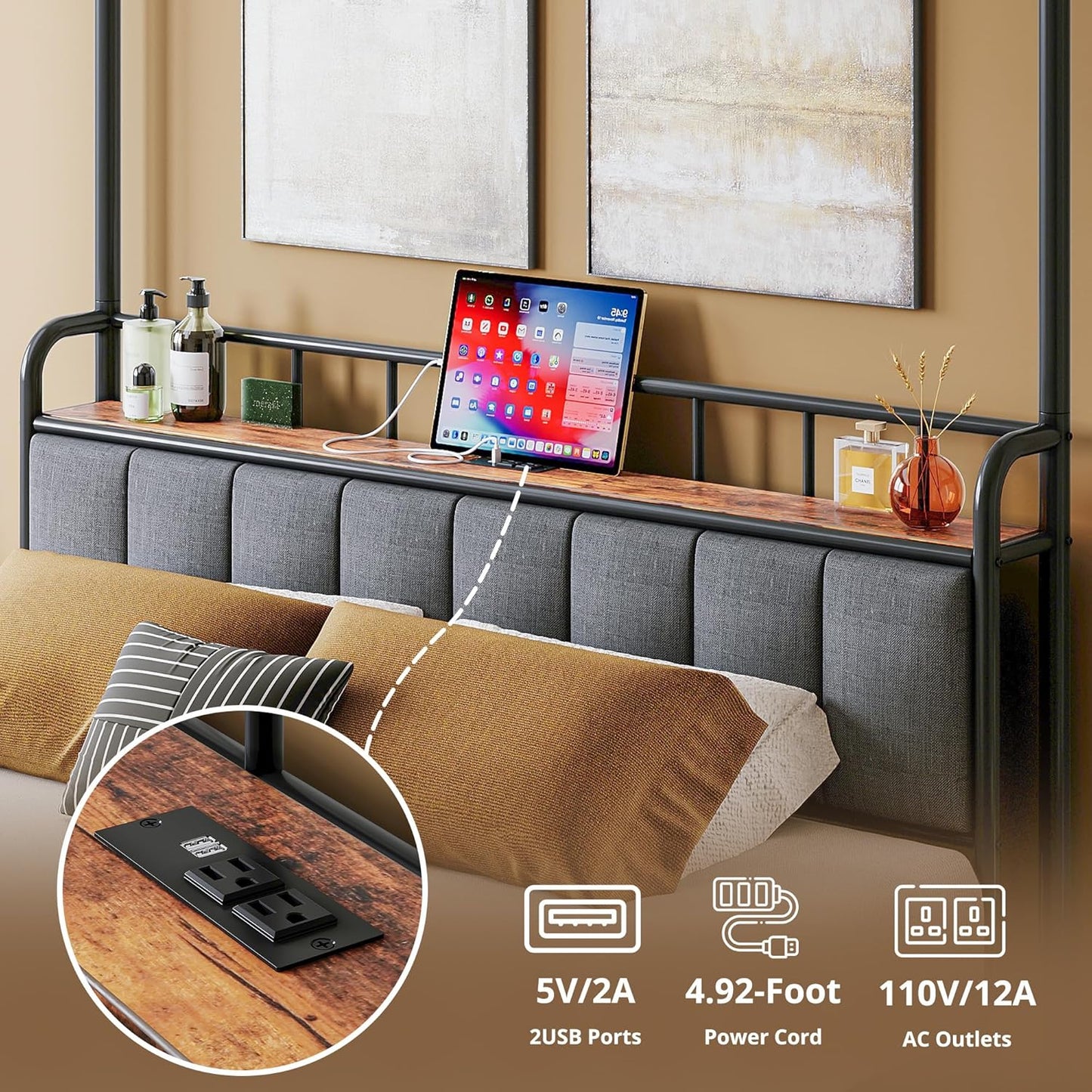 LIKIMIO Canopy Bed Frame Queen, Storage Headboard with Charging Station, Platform Bed with 4 Removable Sturdy Posts, Noise Free, No Box Spring Needed, Vintage Brown