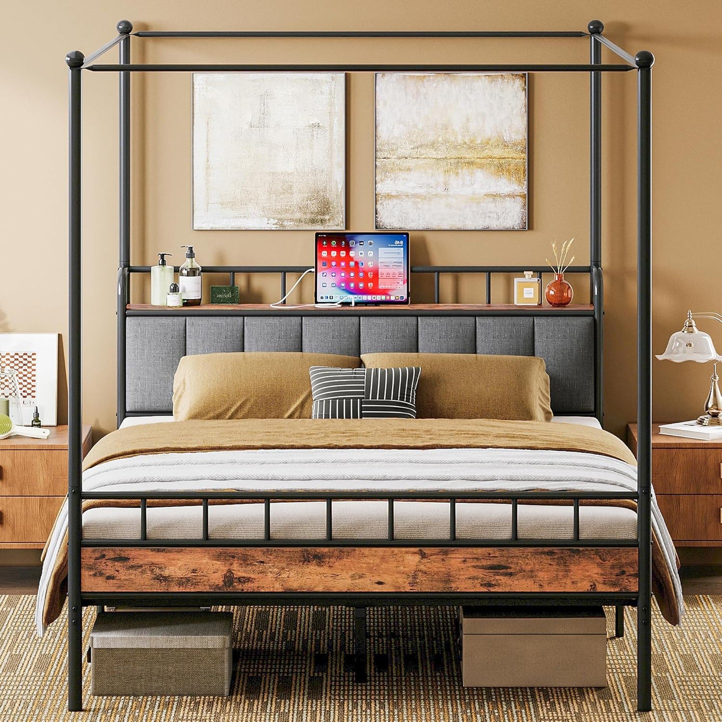 LIKIMIO Canopy Bed Frame Queen, Storage Headboard with Charging Station, Platform Bed with 4 Removable Sturdy Posts, Noise Free, No Box Spring Needed, Vintage Brown